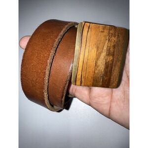 Kenneth Reid Vintage Belt Buckle Brass Wood Inlay Leather Belt 47" XL